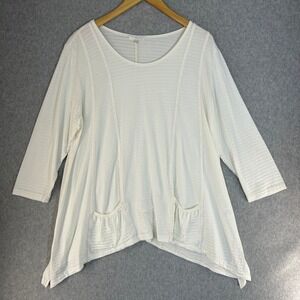 Heartstrings Large Ivory Striped Tunic Top Sharkbite Hem Mini Pockets 3/4 Sleeve